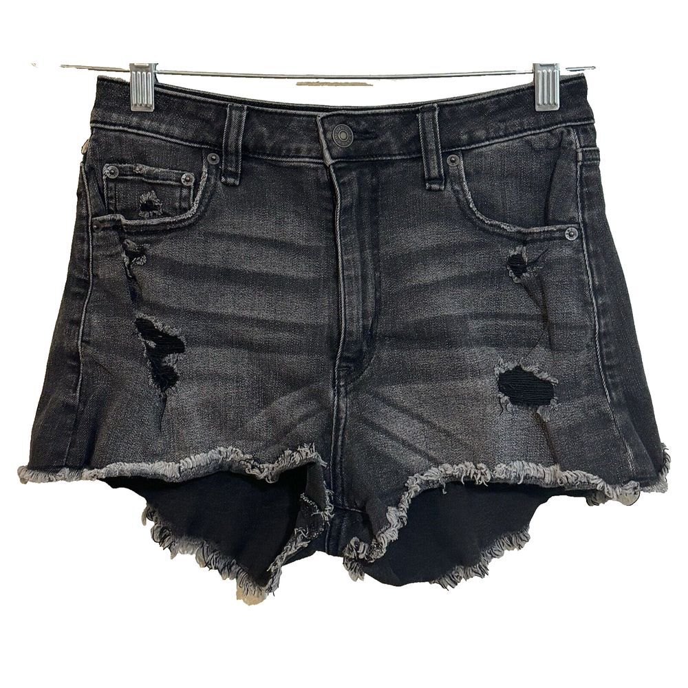 Abercrombie & Fitch Curve Love High Rise Distressed Denim Shorts Washed Black 6R
